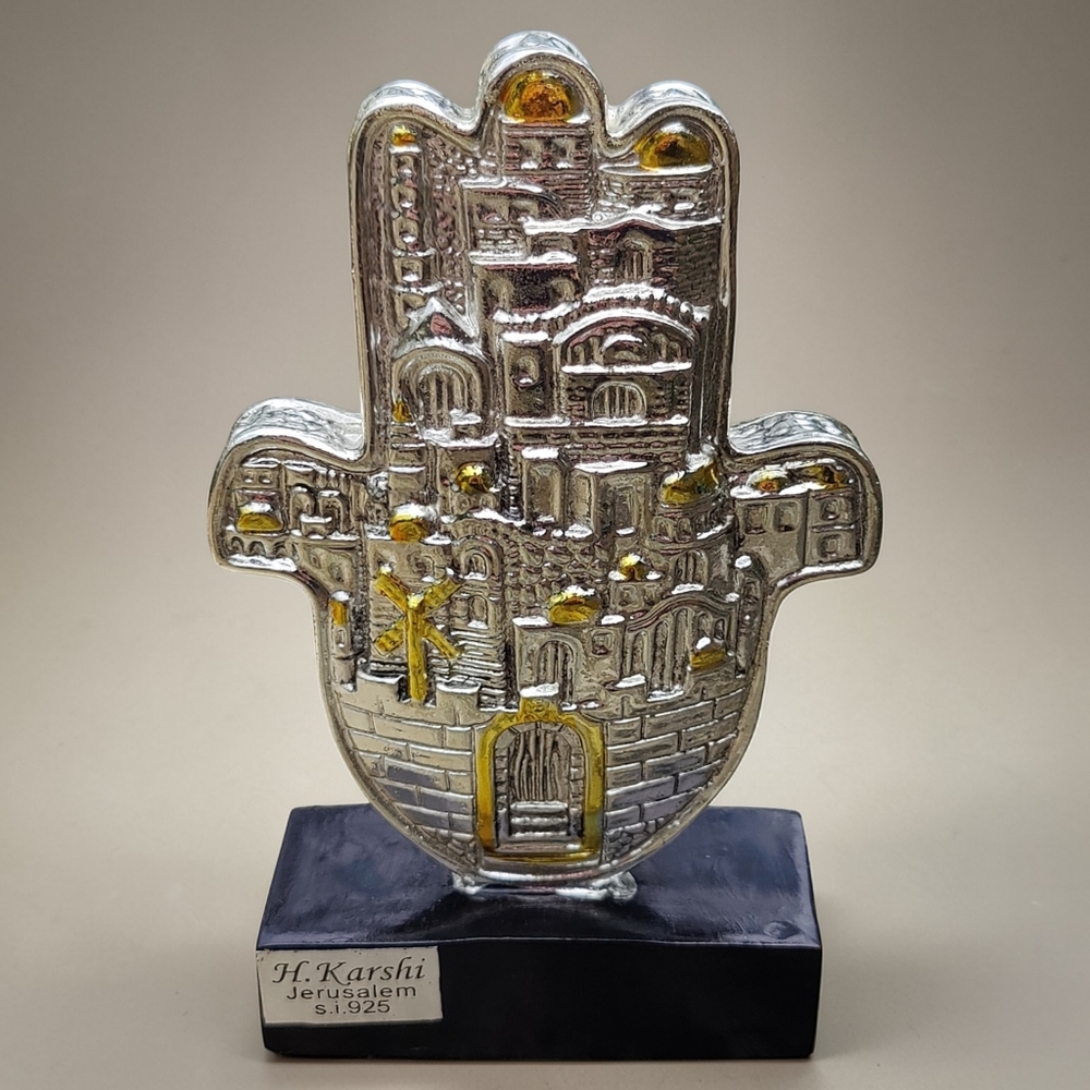 H. Karshi Sterling Silver Jerusalem Hamsa Hand On Pedestal